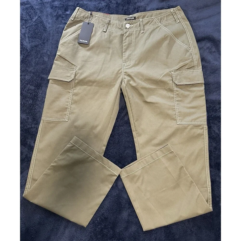 True Religion Cargo Pants Men 38x33 Kalamata Green White Stitch Straight Leg